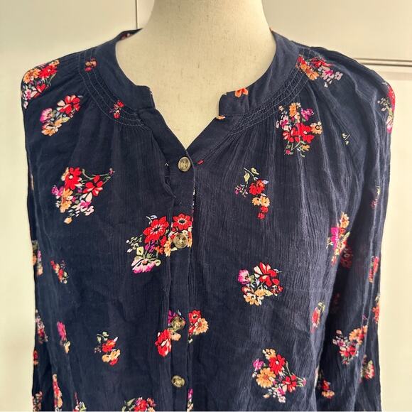 Democracy Size S Navy Pink Floral Button Front Blouse Top Summer Casual Resort - Picture 6 of 13